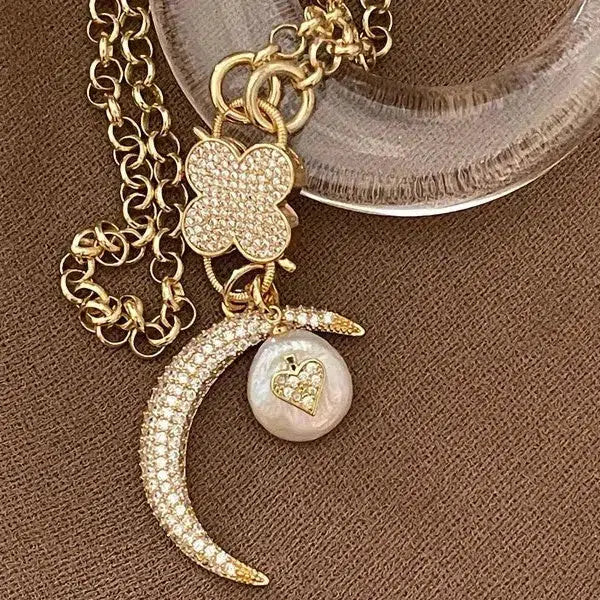 Gold CZ Carabiner Necklace-Rolo Chain-Clover Snap Clasp-CZ Charms-Fresh Water Pearl Heart Charm-CZ Half Moon Charm-Gift For Her