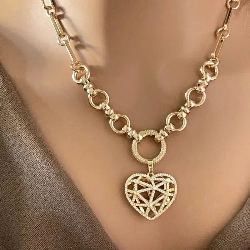 Gold Multi Link Chain Necklace Latticework CZ Heart Dual Sided