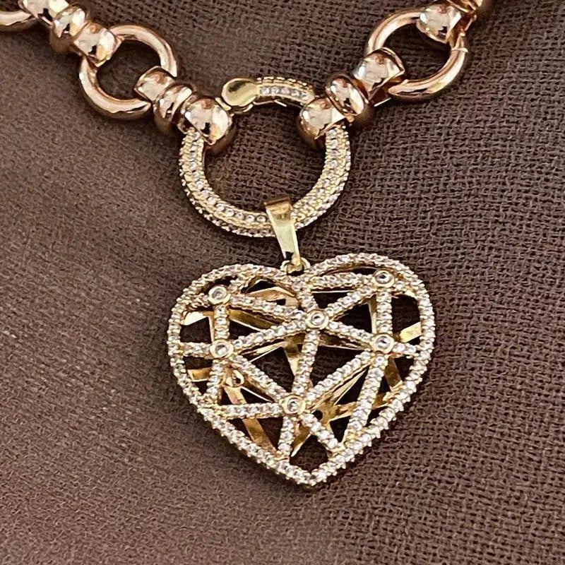 Gold Multi Link Chain Necklace-Latticework CZ Floating Heart-Dual Sided Pendant- Round CZ Encrusted Connector-Lobster Clasp-Gift for Her!