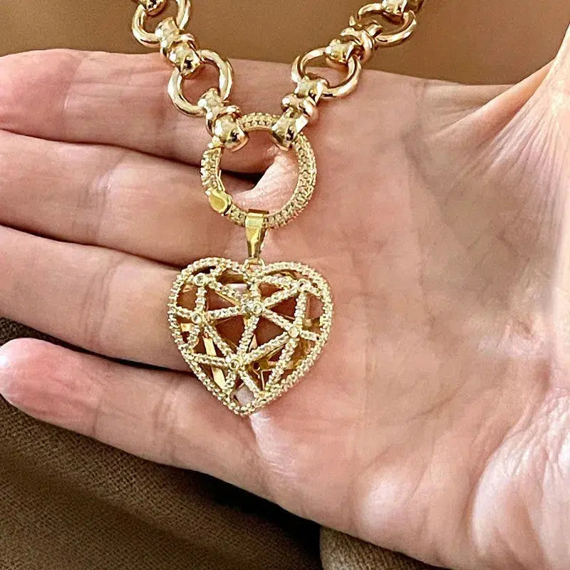 Gold Multi Link Chain Necklace-Latticework CZ Floating Heart-Dual Sided Pendant- Round CZ Encrusted Connector-Lobster Clasp-Gift for Her!