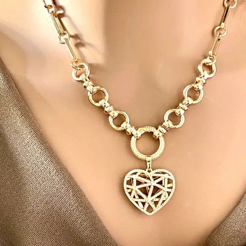 Gold Multi Link Chain Necklace-Latticework CZ Floating Heart-Dual Sided Pendant- Round CZ Encrusted Connector-Lobster Clasp-Gift for Her!