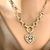 Gold Multi Link Chain Necklace-Latticework CZ Floating Heart-Dual Sided Pendant- Round CZ Encrusted Connector-Lobster Clasp-Gift for Her!