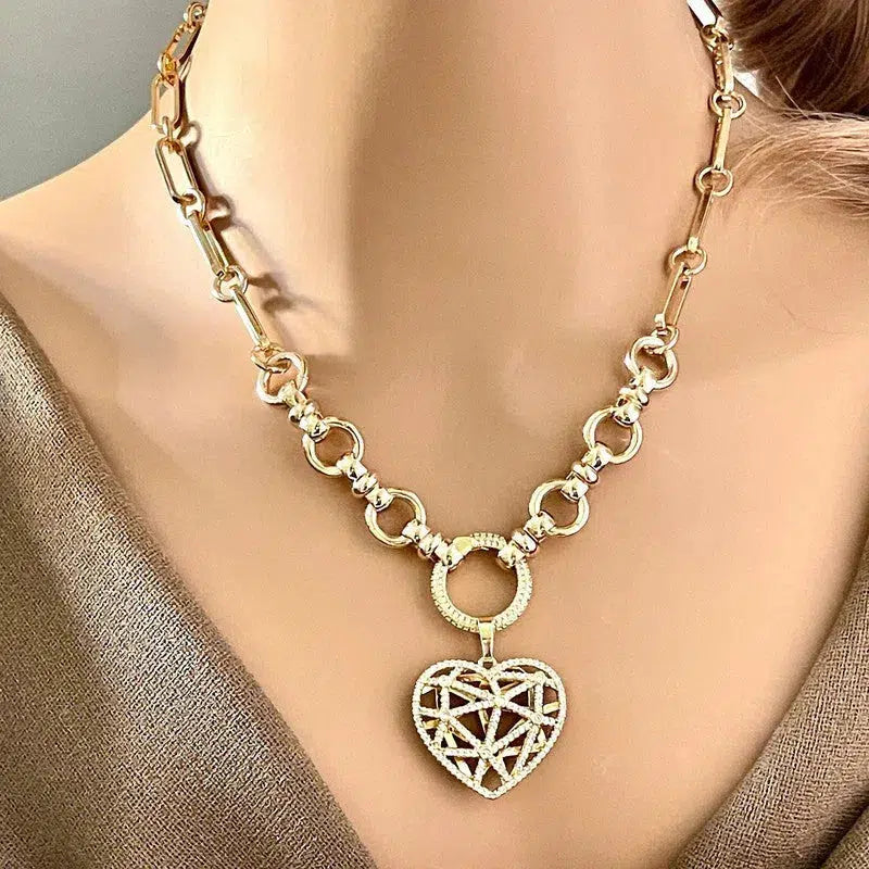 Gold Multi Link Chain Necklace-Latticework CZ Floating Heart-Dual Sided Pendant- Round CZ Encrusted Connector-Lobster Clasp-Gift for Her!