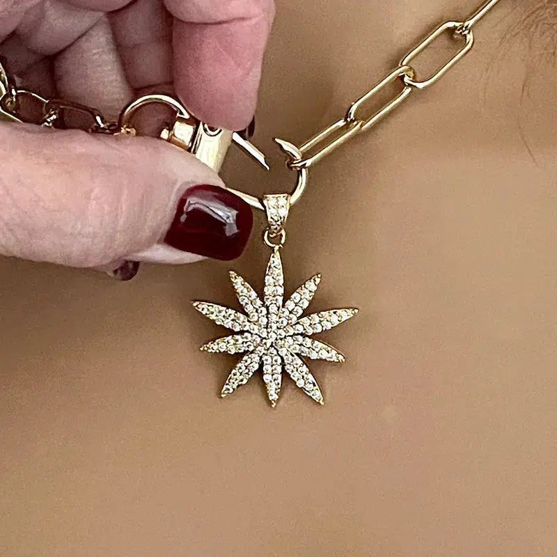 Gold Starburst Necklace-Micro Pave Starburst Pendant-Paperclip Chain Necklace-Spring Lock Clasp-Gift for Her