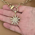 Gold Starburst Necklace-Micro Pave Starburst Pendant-Paperclip Chain Necklace-Spring Lock Clasp-Gift for Her