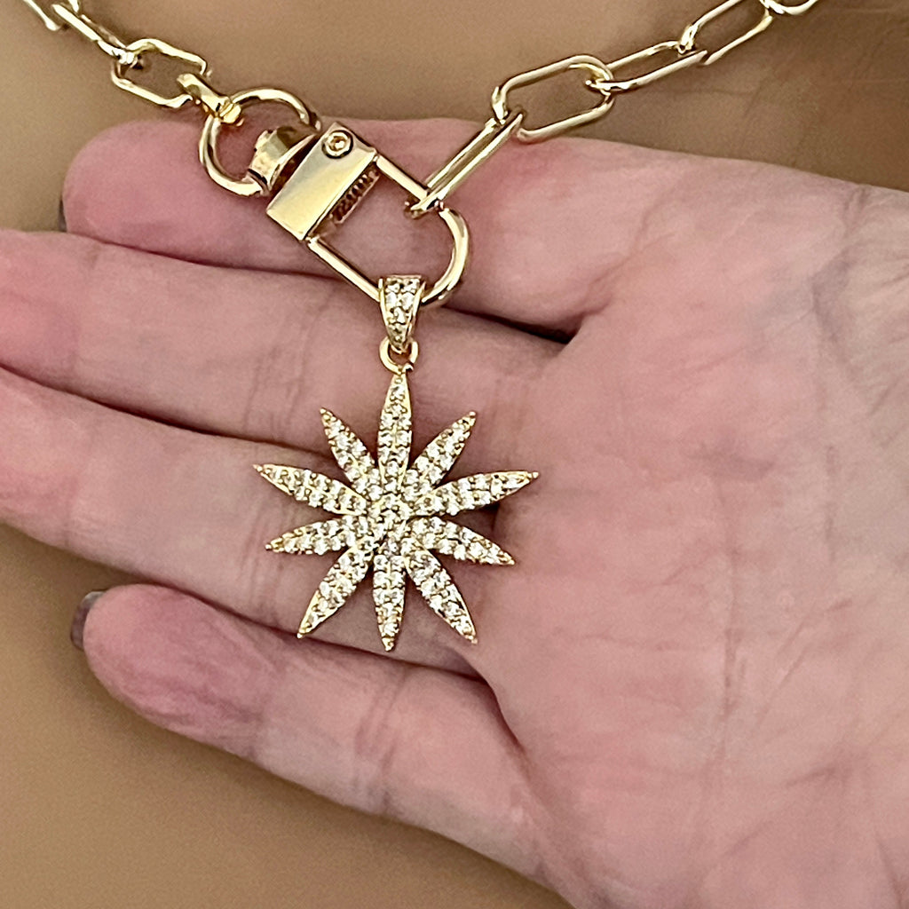Gold Starburst Necklace-Micro Pave Starburst Pendant-Paperclip Chain Necklace-Spring Lock Clasp-Gift for Her