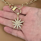 Gold Starburst Necklace-Micro Pave Starburst Pendant-Paperclip Chain Necklace-Spring Lock Clasp-Gift for Her