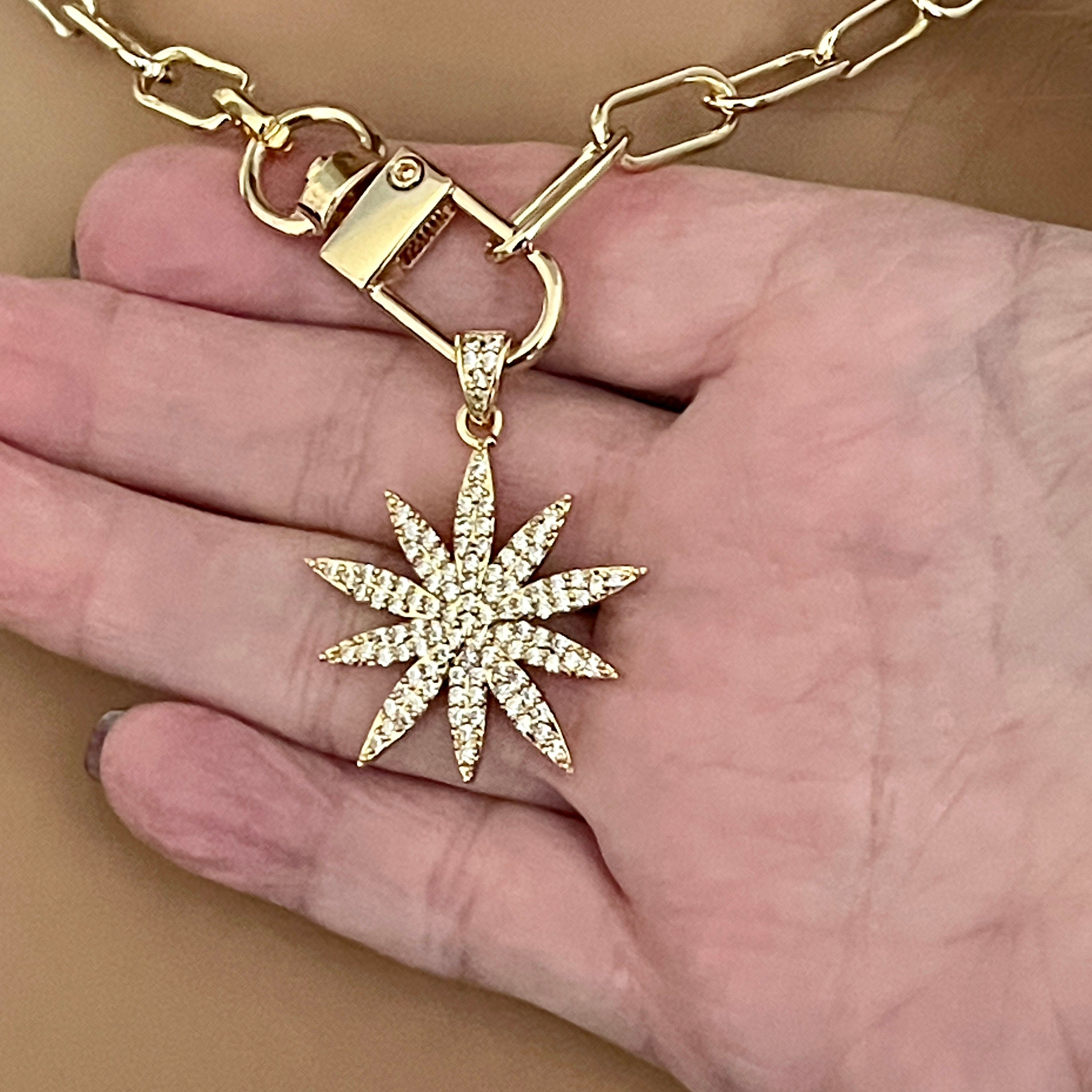 Gold Starburst Necklace-Micro Pave Starburst Pendant-Paperclip Chain Necklace-Spring Lock Clasp-Gift for Her