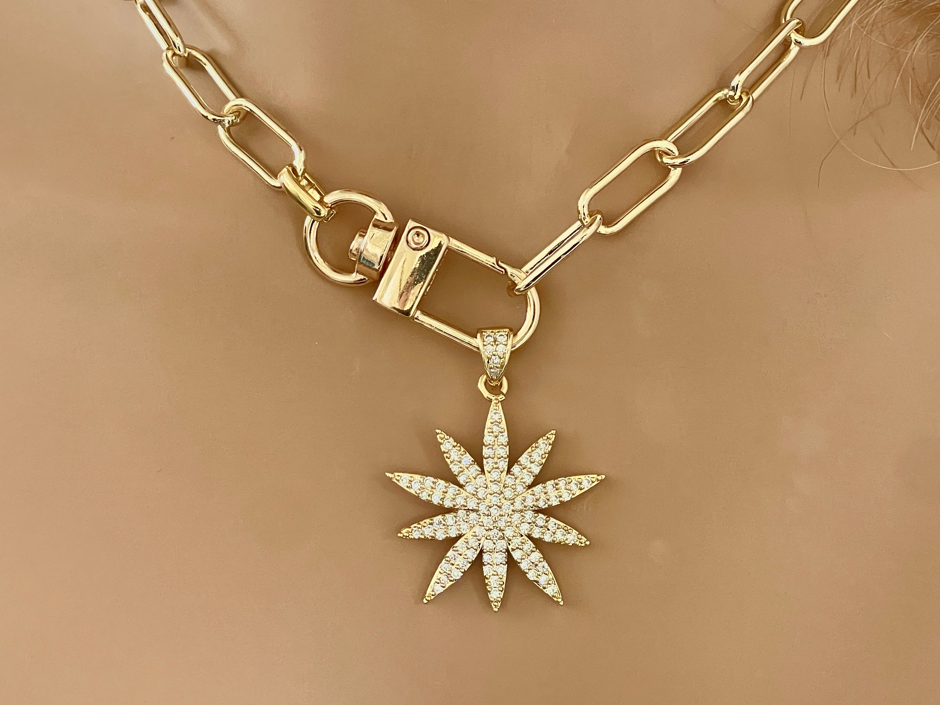 Gold Starburst Necklace-Micro Pave Starburst Pendant-Paperclip Chain Necklace-Spring Lock Clasp-Gift for Her