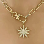 Gold Starburst Necklace-Micro Pave Starburst Pendant-Paperclip Chain Necklace-Spring Lock Clasp-Gift for Her