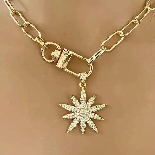 Gold Starburst Necklace-Micro Pave Starburst Pendant-Paperclip Chain Necklace-Spring Lock Clasp-Gift for Her