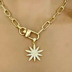 Gold Starburst Necklace-Micro Pave Starburst Pendant-Paperclip Chain Necklace-Spring Lock Clasp-Gift for Her