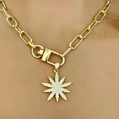 Gold Starburst Necklace-Micro Pave Starburst Pendant-Paperclip Chain Necklace-Spring Lock Clasp-Gift for Her