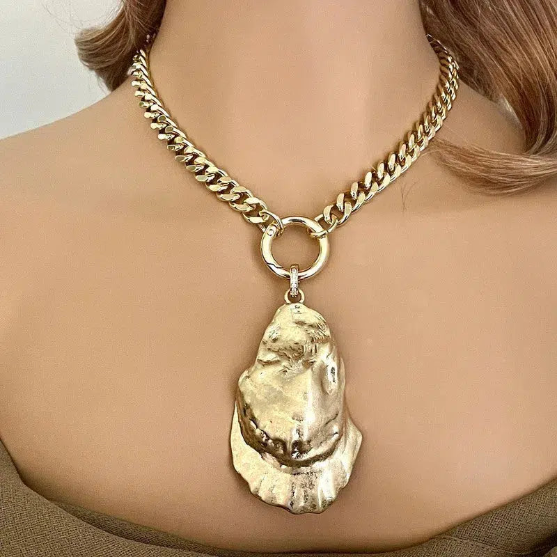 Gold Chunky Chain Necklace-Miami Cuban Chain-Large Oyster Shell Pendant-CZ Pendant Bale-Spring Lock Clasp-Statement Necklace-Gift For Her