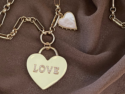 Gold Multi Link Chain Necklace- Heart Lock- "Love" CZ Pendant-Mother of Pearl-Spiked Heart Charm-Lobster Clasp-Gift for Her!