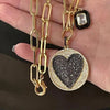 Gold Paperclip Chain Necklace-Large CZ Micro Pave Heart Pendant-Cubic Zirconia Two Tone Medallion-Black enamel CZ Charm-Lobster Clasp