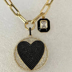 Gold Paperclip Chain Necklace-Large CZ Micro Pave Heart Pendant-Cubic Zirconia Two Tone Medallion-Black enamel CZ Charm-Lobster Clasp