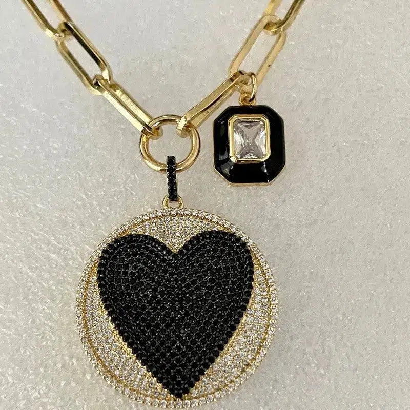 Gold Paperclip Chain Necklace-Large CZ Micro Pave Heart Pendant-Cubic Zirconia Two Tone Medallion-Black enamel CZ Charm-Lobster Clasp