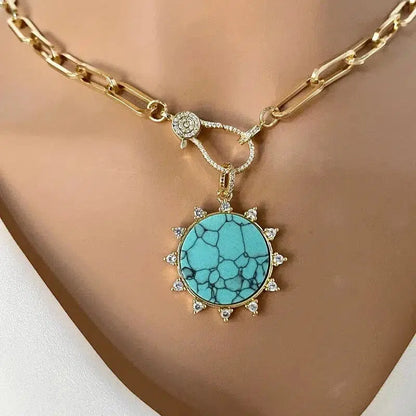 Gold Carabiner Paperclip Chain Necklace-Turquoise Howlite Pendant -Spiked CZ Bezel-Micro Pave Lobster Clasp-Gift For Her