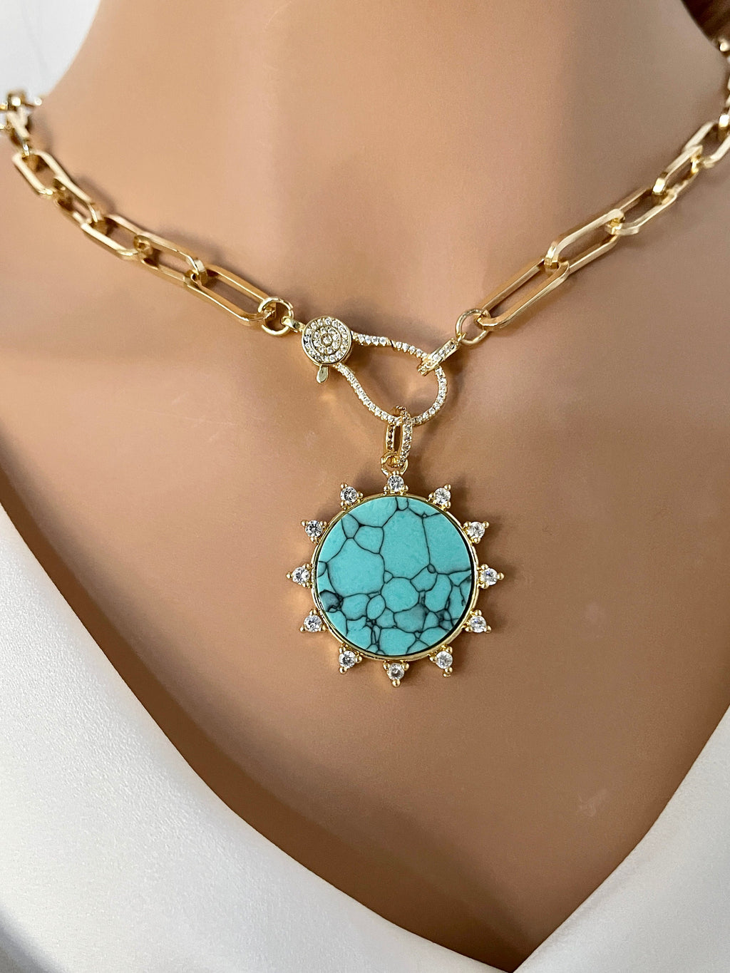 Gold Paperclip Chain Necklace – Turquoise Howlite Pendant, Spiked CZ