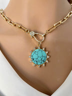 Gold Paperclip Chain Necklace – Turquoise Howlite Pendant, Spiked CZ