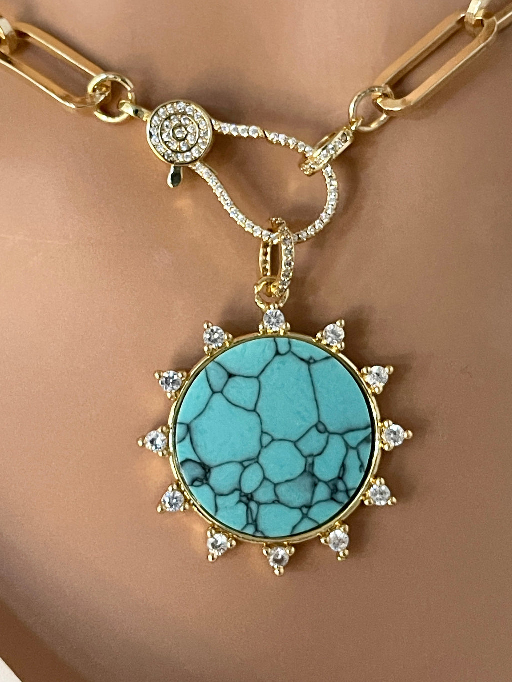 Gold Paperclip Chain Necklace – Turquoise Howlite Pendant, Spiked CZ