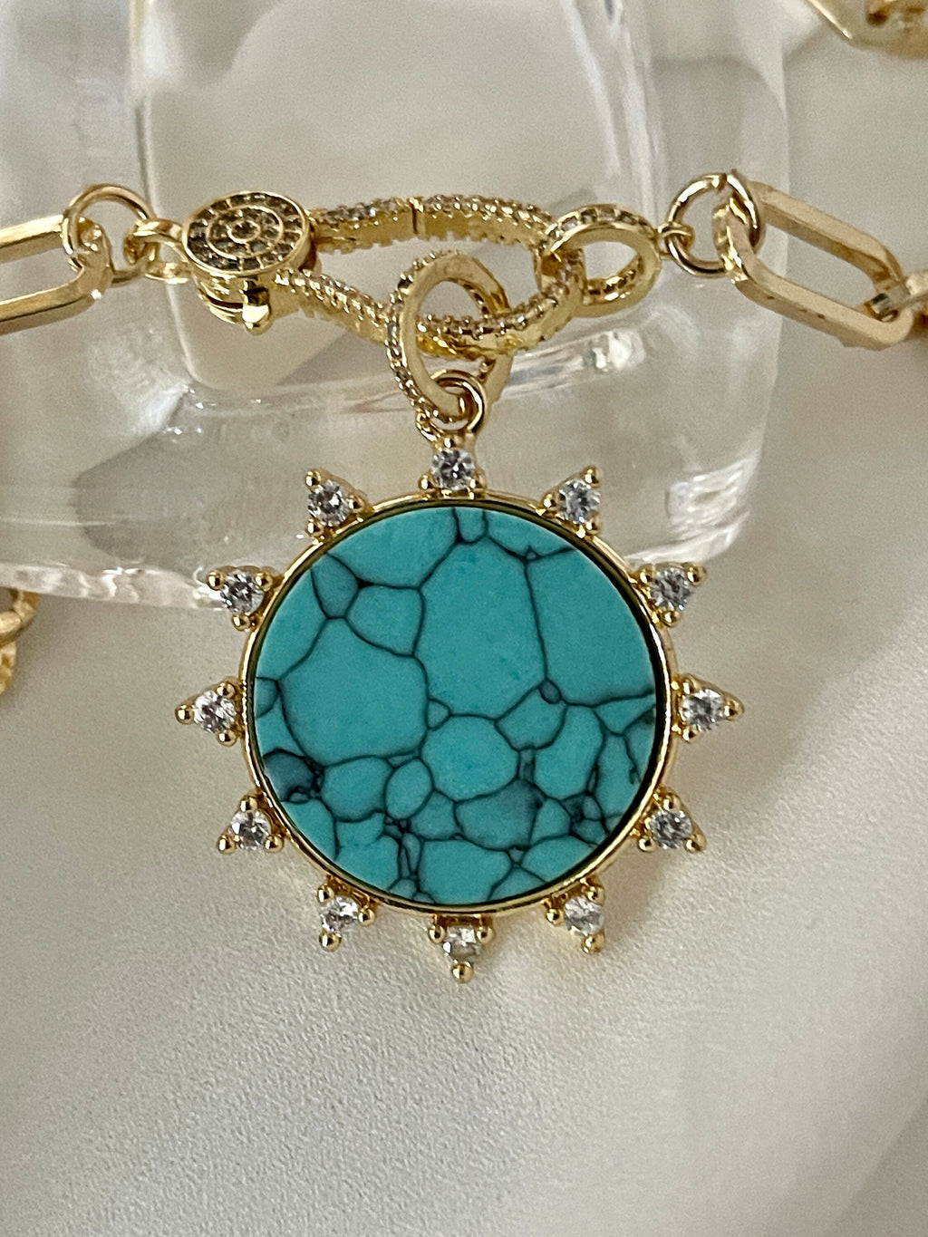 Gold Paperclip Chain Necklace – Turquoise Howlite Pendant, Spiked CZ