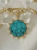 Gold Paperclip Chain Necklace – Turquoise Howlite Pendant, Spiked CZ