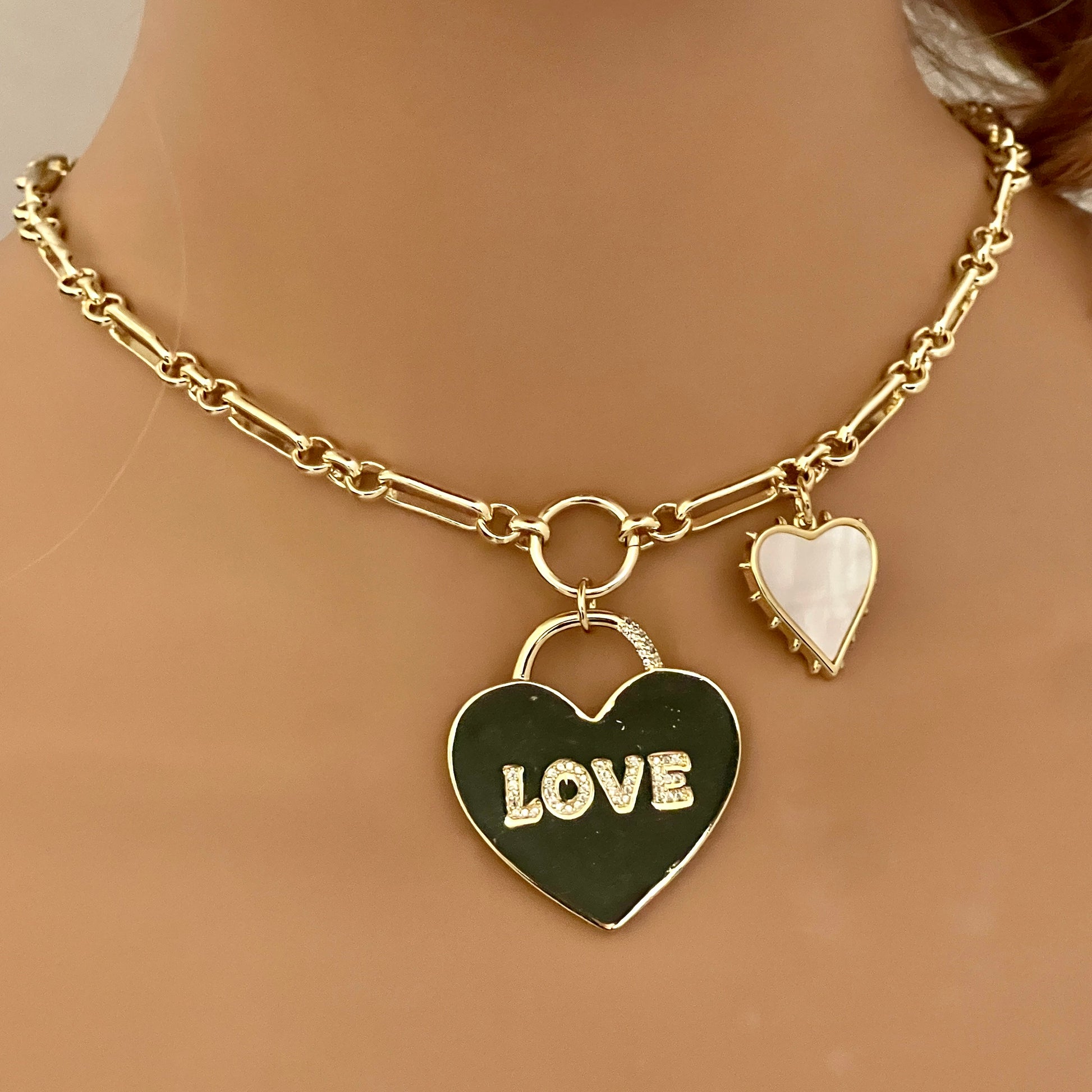 Gold Multi Link Chain Necklace- Heart Lock- "Love" CZ Pendant-Mother of Pearl-Spiked Heart Charm-Lobster Clasp-Gift for Her!