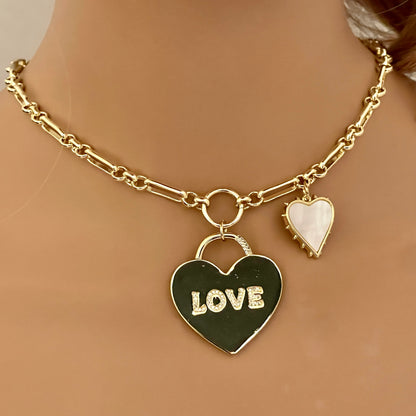 Gold Multi Link Chain Necklace- Heart Lock- "Love" CZ Pendant-Mother of Pearl-Spiked Heart Charm-Lobster Clasp-Gift for Her!