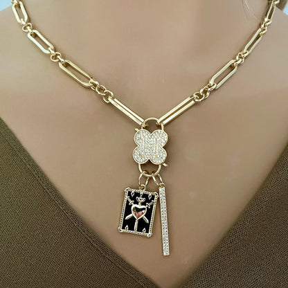 Gold CZ Carabiner Necklace-Cable Chain-Clover Clasp-CZ Charms-Mother Of Pearl Charm-Gift For Her