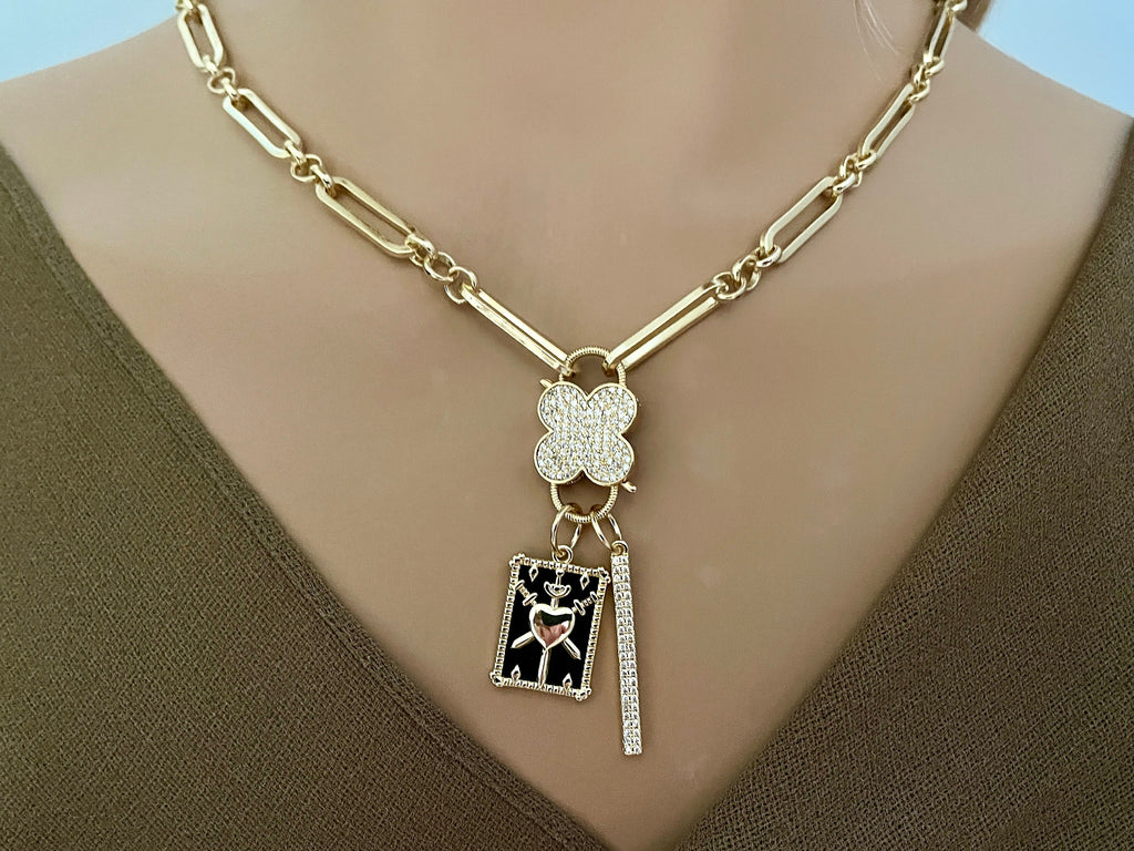 Gold CZ Carabiner Necklace-Cable Chain-Clover Clasp-CZ Charms-Mother Of Pearl Charm-Gift For Her