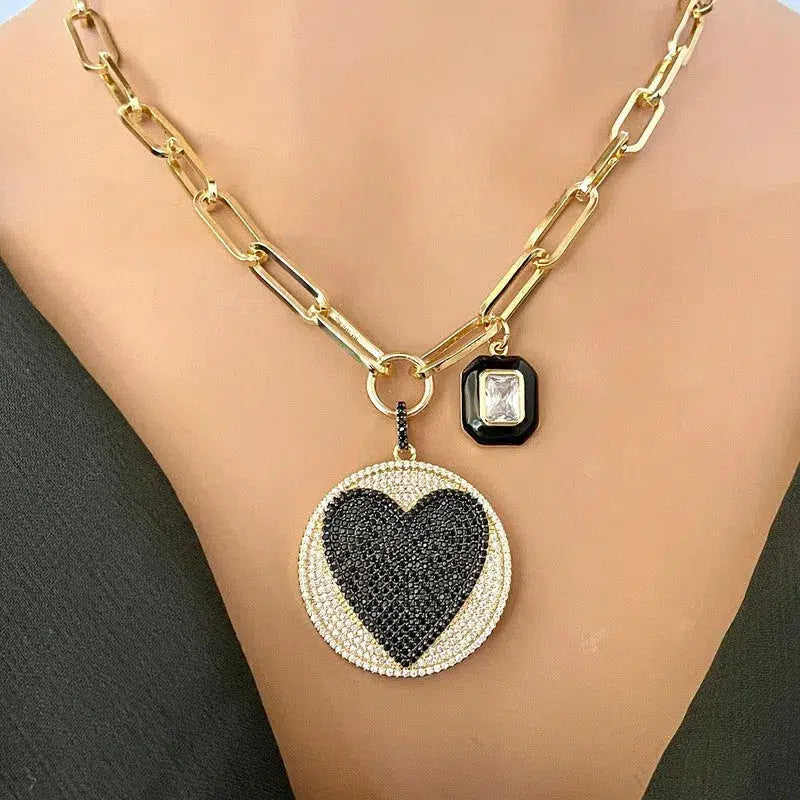 Gold Paperclip Chain Necklace-Large CZ Micro Pave Heart Pendant-Cubic Zirconia Two Tone Medallion-Black enamel CZ Charm-Lobster Clasp