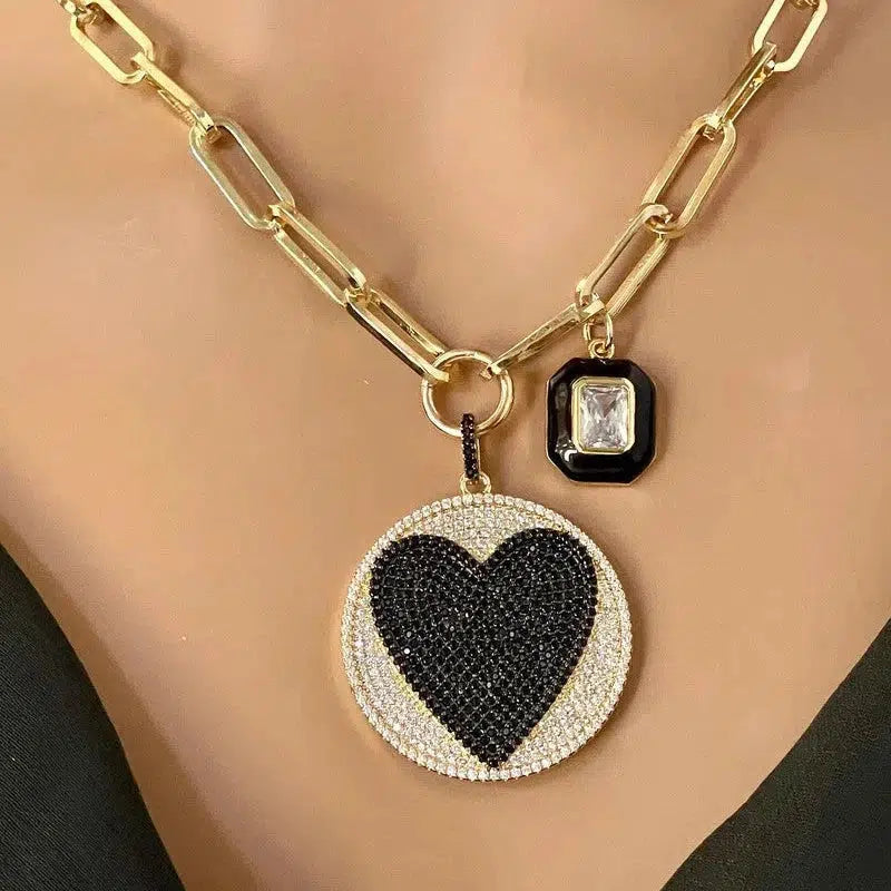 Gold Paperclip Chain Necklace-Large CZ Micro Pave Heart Pendant-Cubic Zirconia Two Tone Medallion-Black enamel CZ Charm-Lobster Clasp