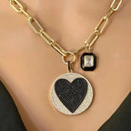 Gold Paperclip Chain Necklace-Large CZ Micro Pave Heart Pendant-Cubic Zirconia Two Tone Medallion-Black enamel CZ Charm-Lobster Clasp