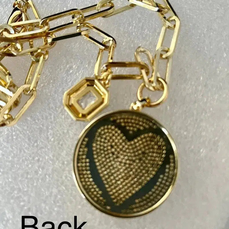 Gold Paperclip Chain Necklace-Large CZ Micro Pave Heart Pendant-Cubic Zirconia Two Tone Medallion-Black enamel CZ Charm-Lobster Clasp