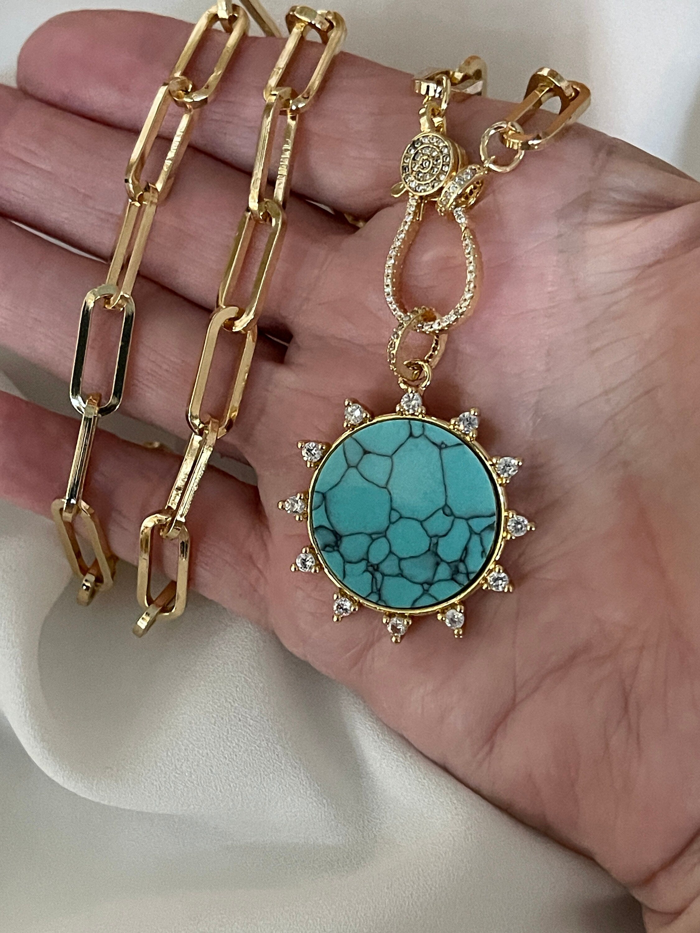 Gold Paperclip Chain Necklace – Turquoise Howlite Pendant, Spiked CZ