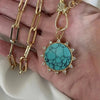 Gold Carabiner Paperclip Chain Necklace-Turquoise Howlite Pendant -Spiked CZ Bezel-Micro Pave Lobster Clasp-Gift For Her