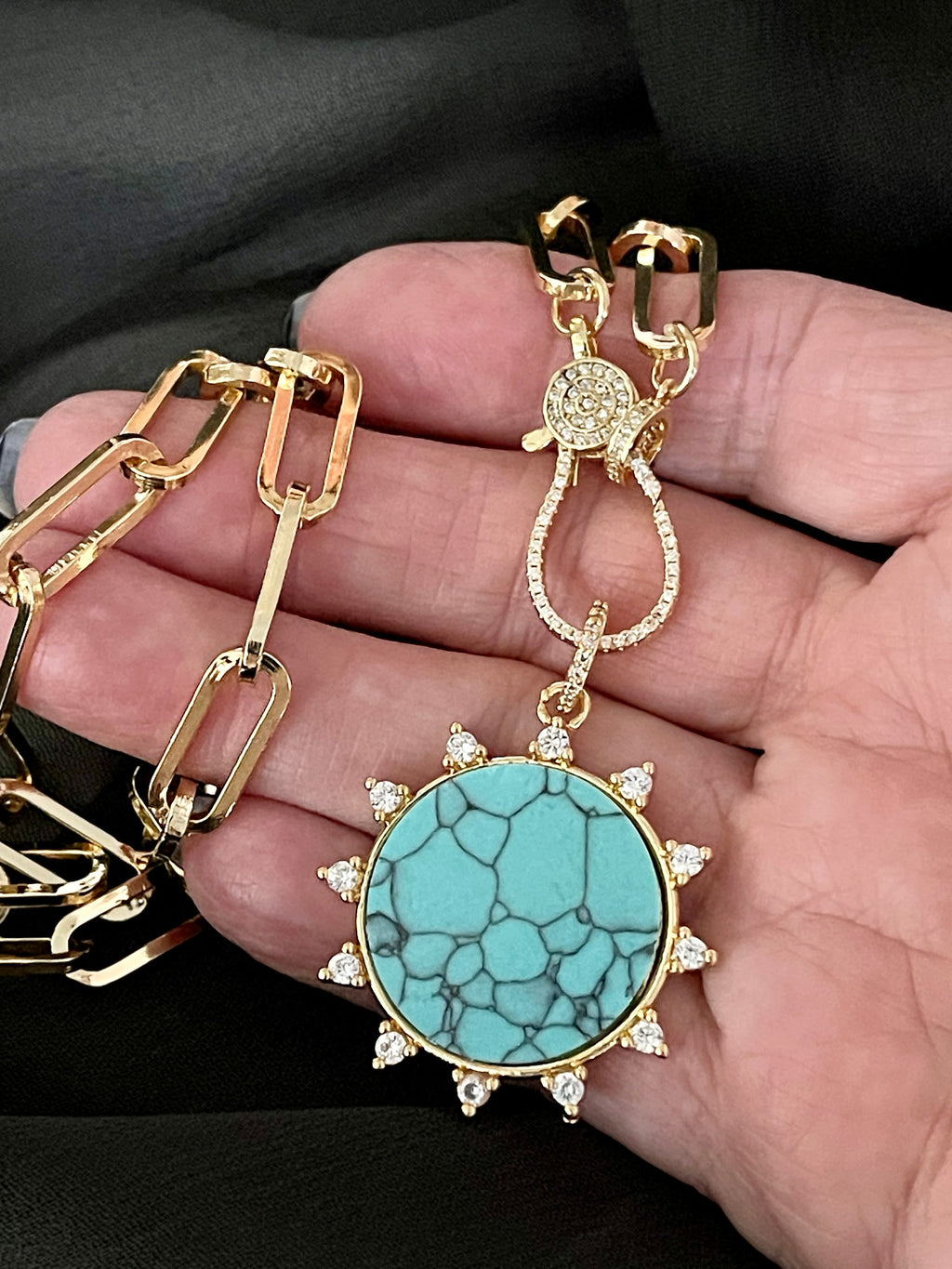 Gold Paperclip Chain Necklace – Turquoise Howlite Pendant, Spiked CZ