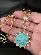 Gold Paperclip Chain Necklace – Turquoise Howlite Pendant, Spiked CZ