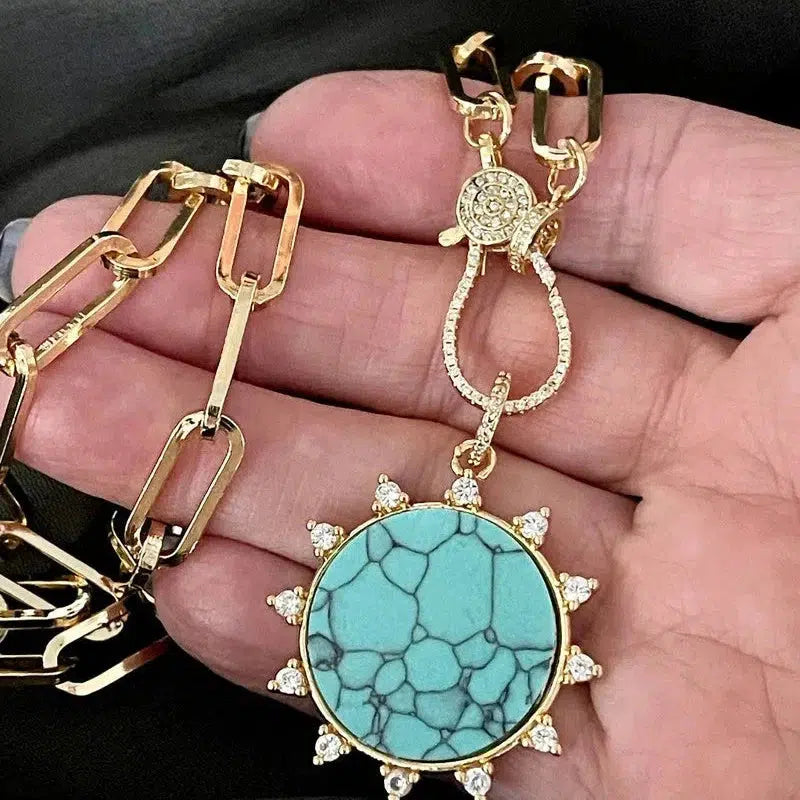 Gold Carabiner Paperclip Chain Necklace-Turquoise Howlite Pendant -Spiked CZ Bezel-Micro Pave Lobster Clasp-Gift For Her