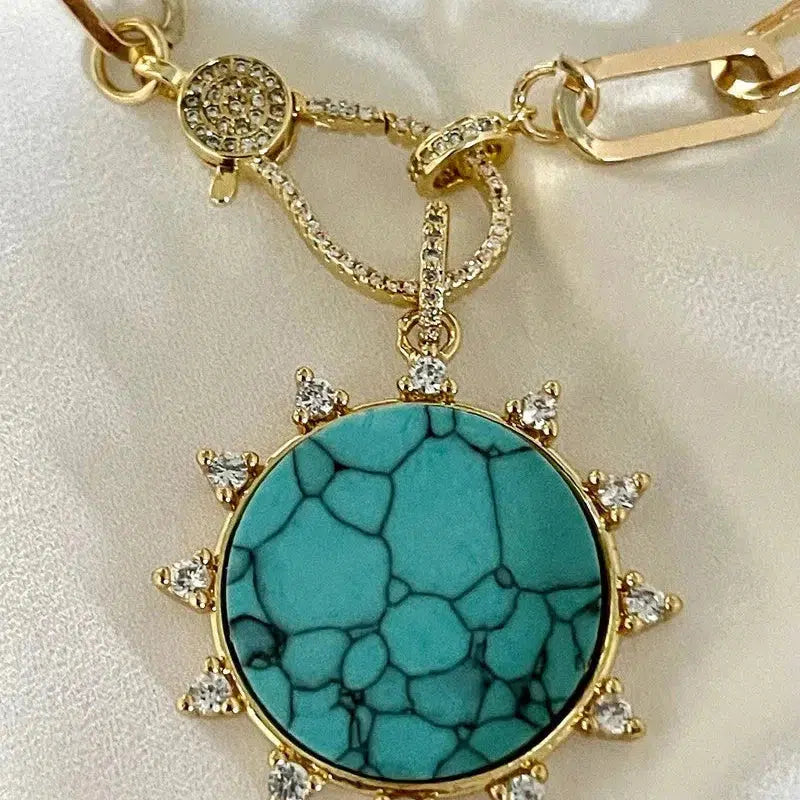 Gold Carabiner Paperclip Chain Necklace-Turquoise Howlite Pendant -Spiked CZ Bezel-Micro Pave Lobster Clasp-Gift For Her