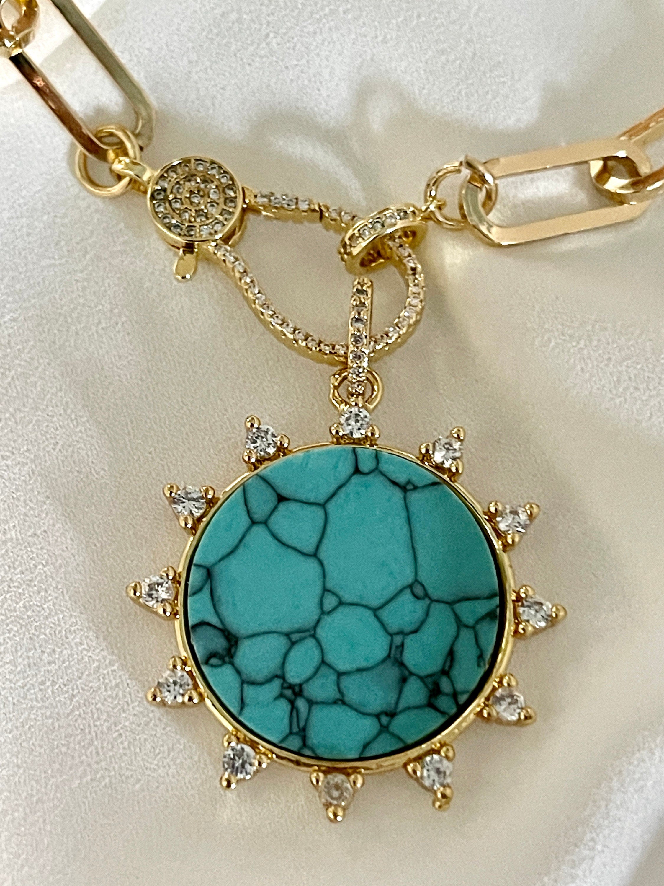 Gold Paperclip Chain Necklace – Turquoise Howlite Pendant, Spiked CZ