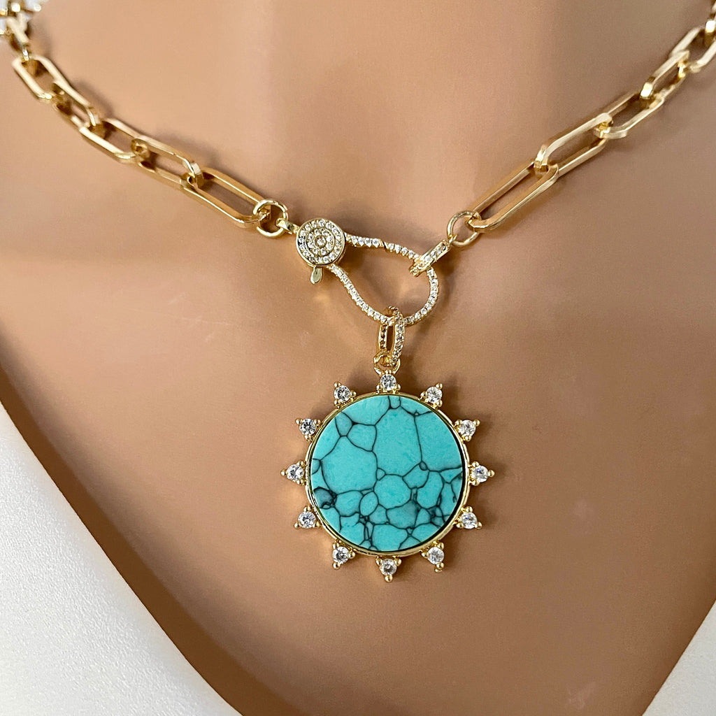 Gold Paperclip Chain Necklace – Turquoise Howlite Pendant, Spiked CZ