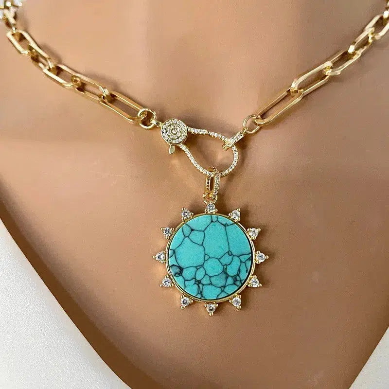 Gold Carabiner Paperclip Chain Necklace-Turquoise Howlite Pendant -Spiked CZ Bezel-Micro Pave Lobster Clasp-Gift For Her