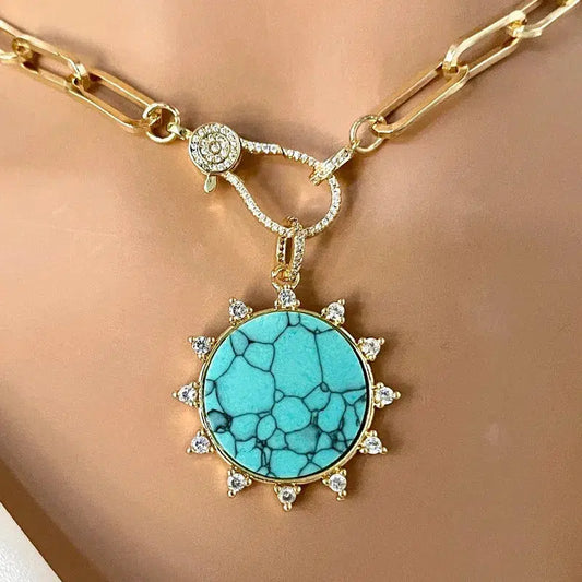 Gold Carabiner Paperclip Chain Necklace-Turquoise Howlite Pendant -Spiked CZ Bezel-Micro Pave Lobster Clasp-Gift For Her