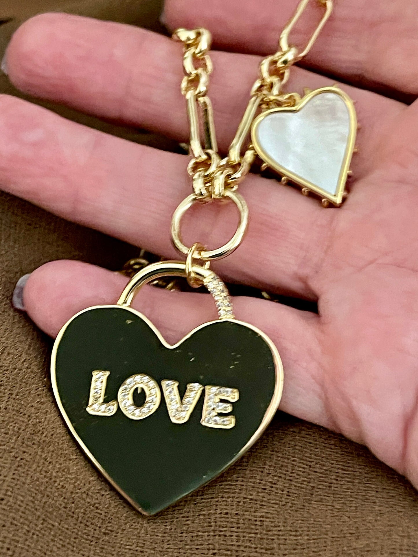 Gold Multi Link Chain Necklace- Heart Lock- "Love" CZ Pendant-Mother of Pearl-Spiked Heart Charm-Lobster Clasp-Gift for Her!