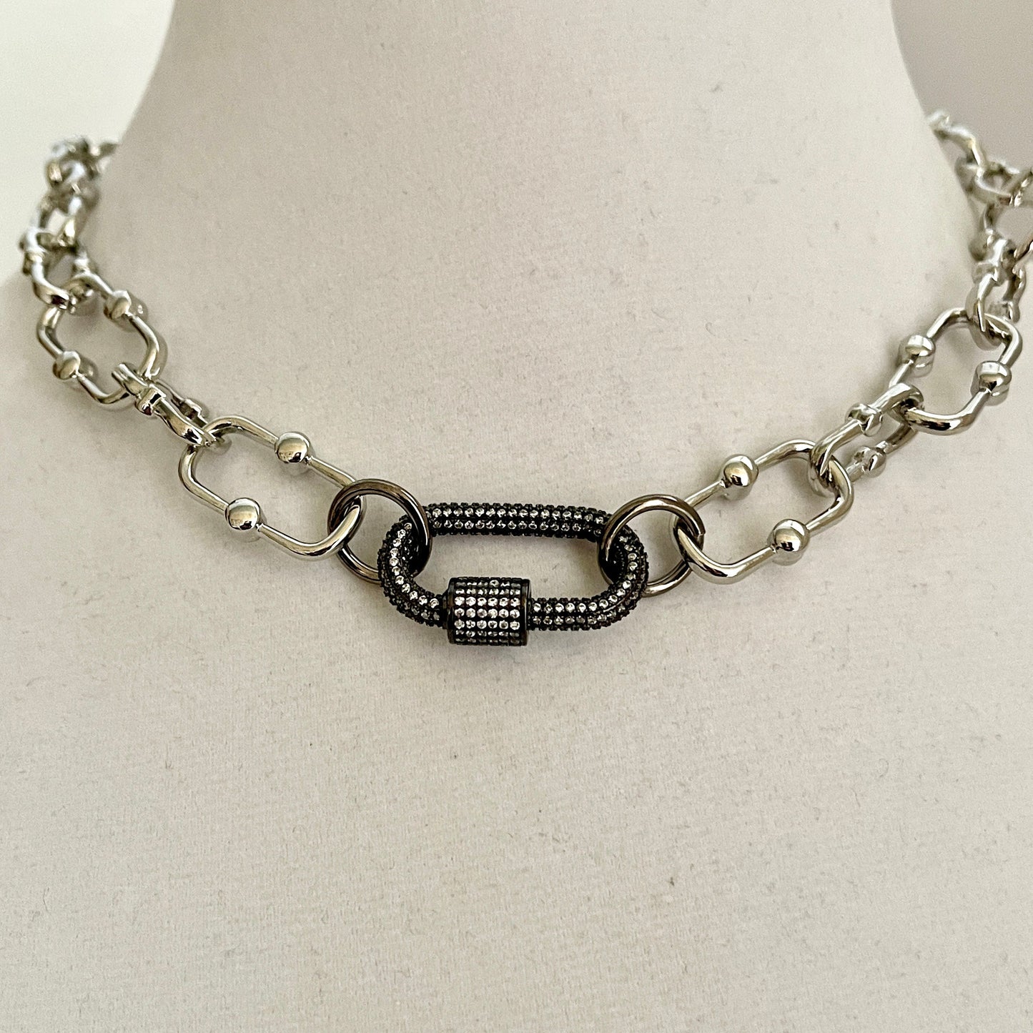 Silver Carabiner Necklace-Chunky Silver Cable Chain-Gunmetal Cubic Zirconia Clasp-Micro Pave Carabiner Clasp-Screw Lock Clasp-Gift For Her