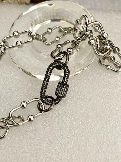 Silver Carabiner Necklace-Chunky Silver Cable Chain-Gunmetal Cubic Zirconia Clasp-Micro Pave Carabiner Clasp-Screw Lock Clasp-Gift For Her