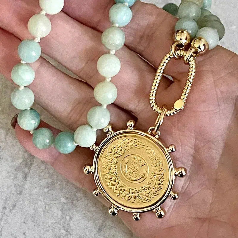 Amazonite Bead Necklace-Hand Knotted-Gold Carabiner Clasp-French Horticole De Dison-Medal-Coin Pendant- Spiked Bezel Coin-Gift For Her